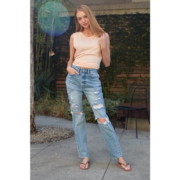 Top Tier Medium blue Distressed Straight Leg Jeans - Picture 2 of 4